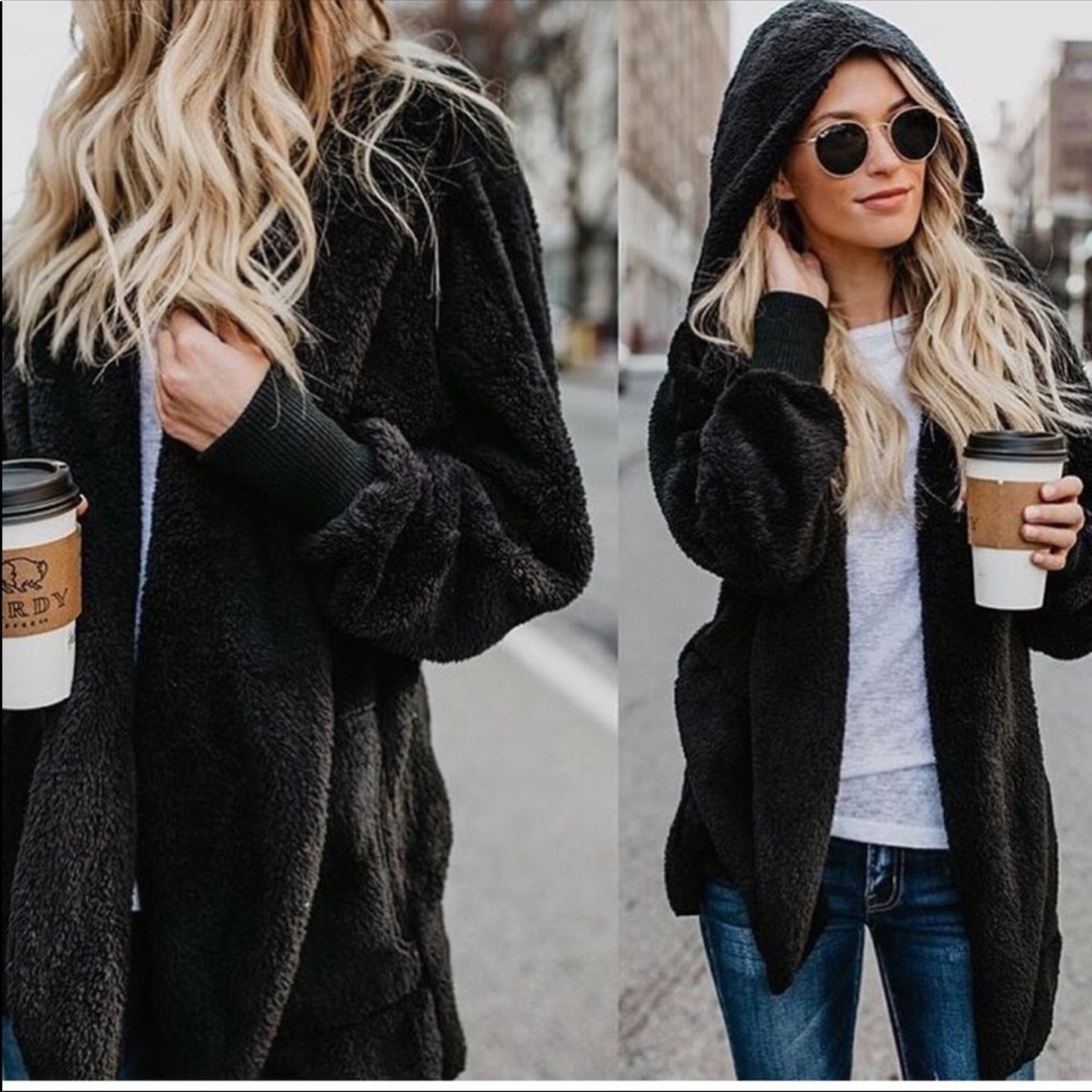 2 Left! Black Hooded Teddy Sweater with Pockets - Picture 3 of 7